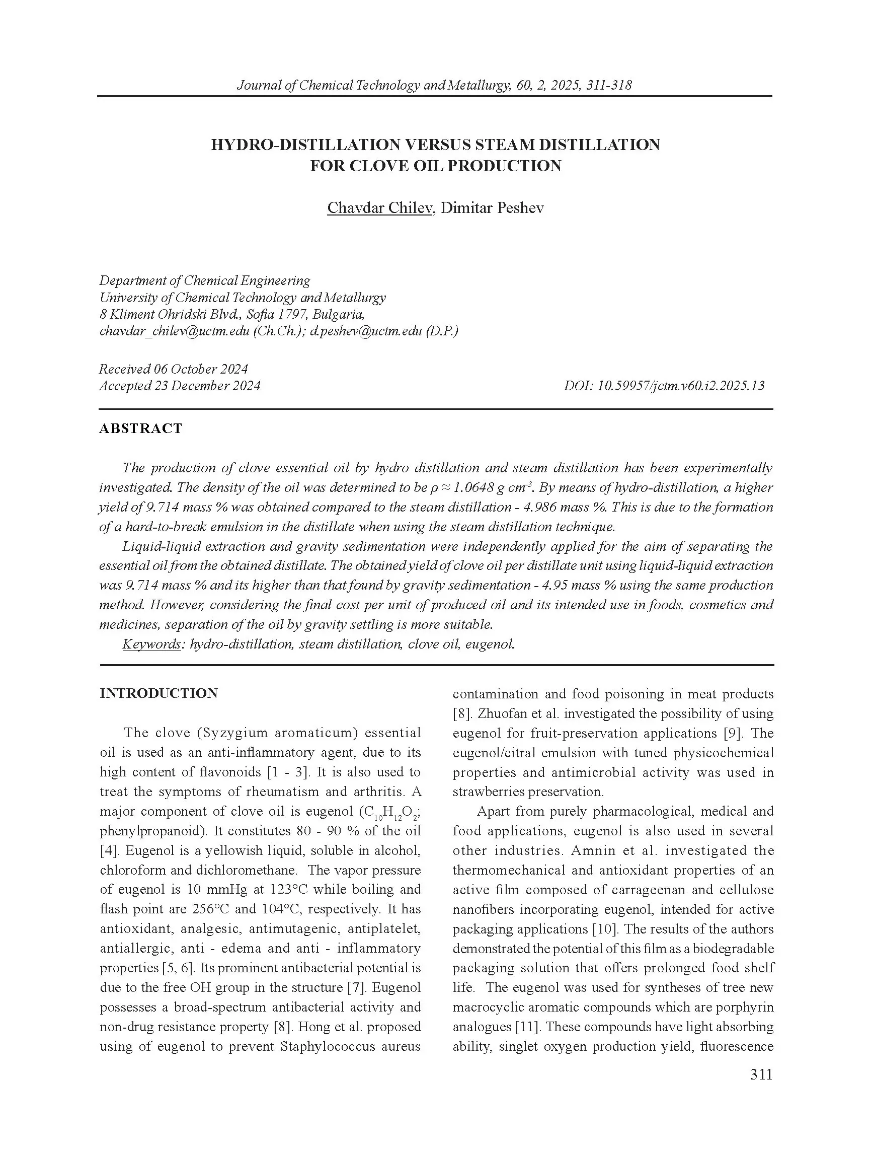 HYDRO-DISTILLATION VERSUS STEAM DISTILLATION FOR CLOVE OIL PRODUCTION