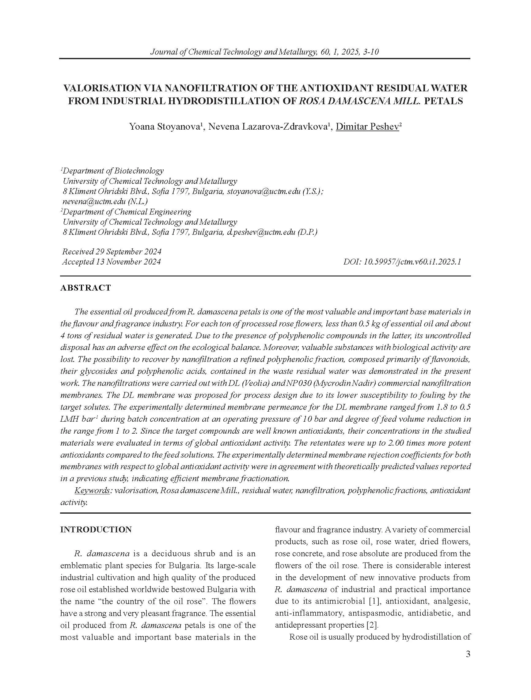 VALORISATION VIA NANOFILTRATION OF THE ANTIOXIDANT RESIDUAL WATER FROM INDUSTRIAL HYDRODISTILLATION OF ROSA DAMASCENA MILL. PETALS