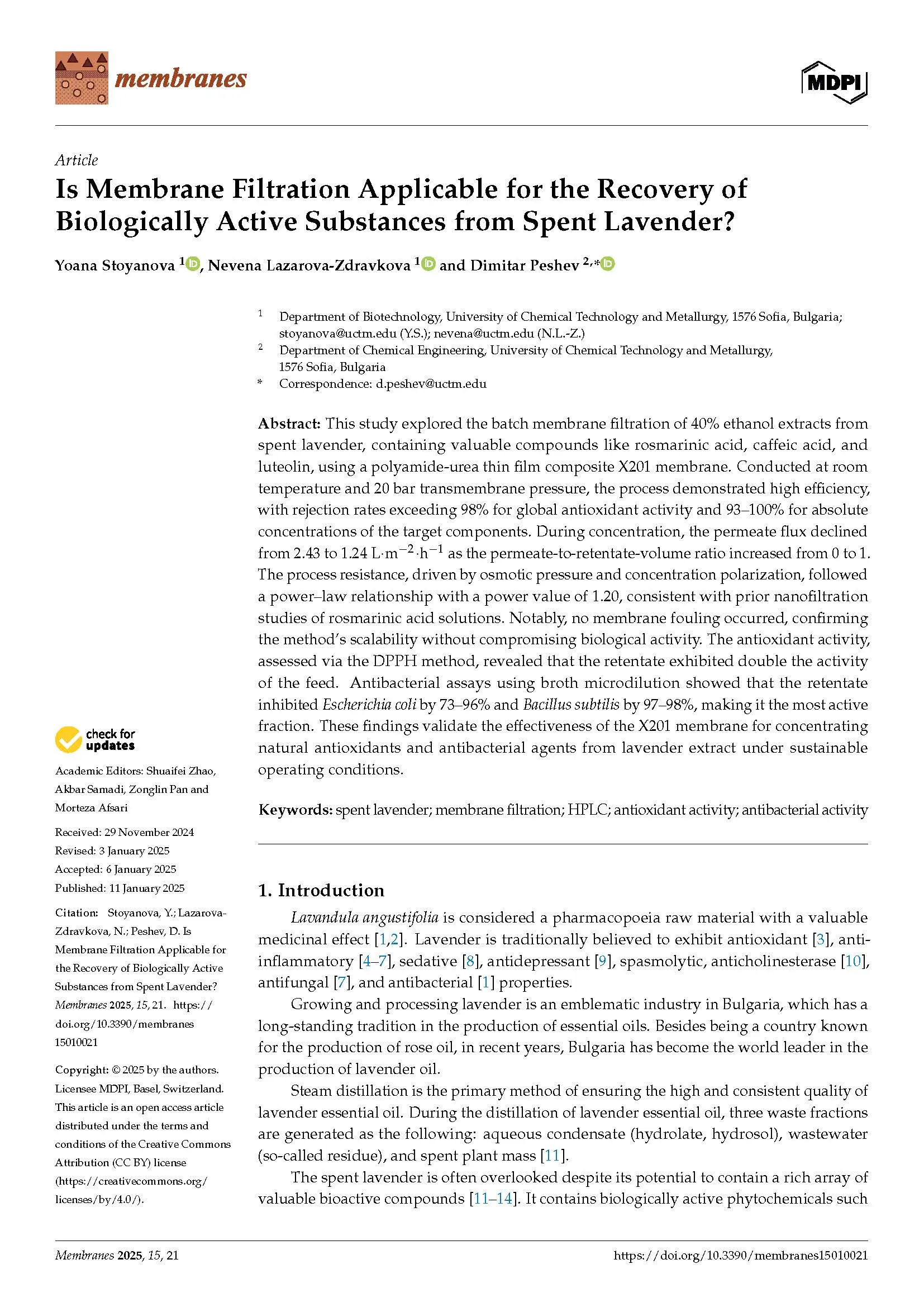 Is Membrane Filtration Applicable for the Recovery of Biologically Active Substances from Spent Lavender?